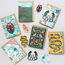Set of 6 illustrated greetings cards & 5 stickers bundle